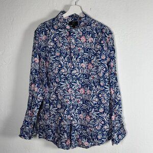 Club Room Luxury Mens Floral Linen Button-Up Shirt Size Large Blue White Casual